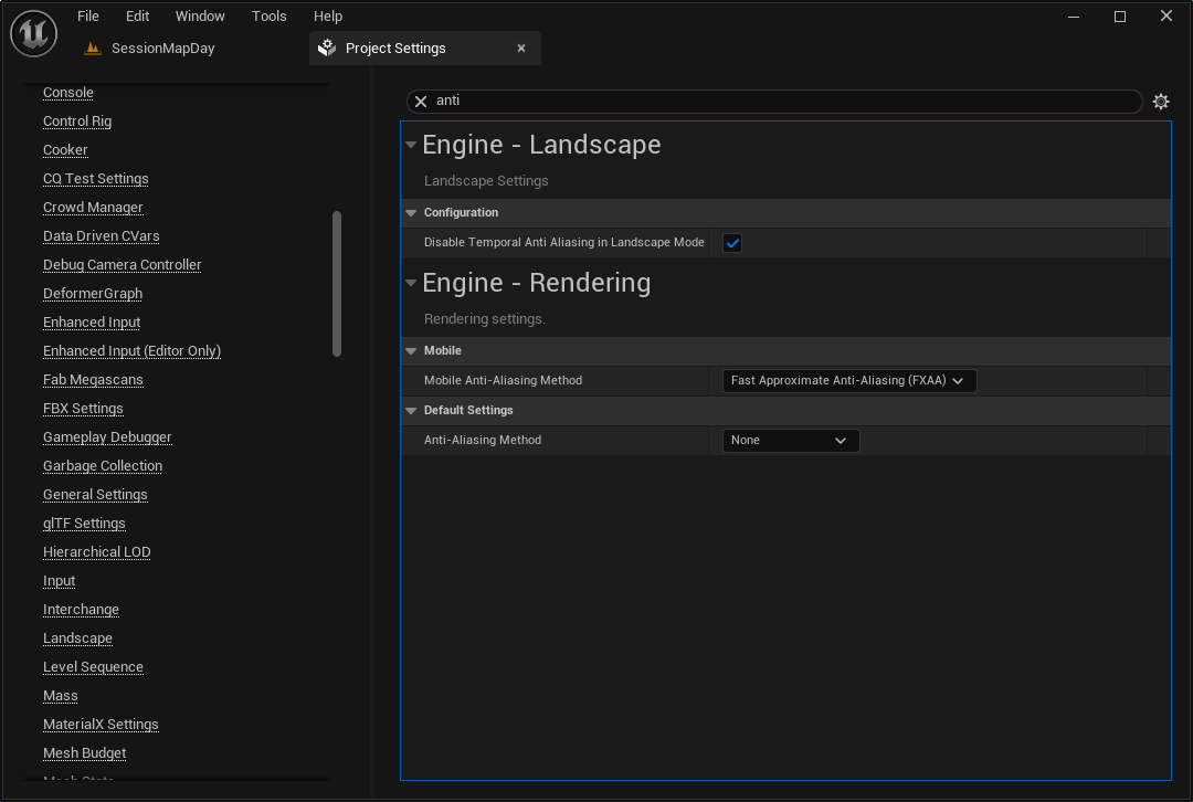 Screenshot of project settings screen from Unreal Engine.